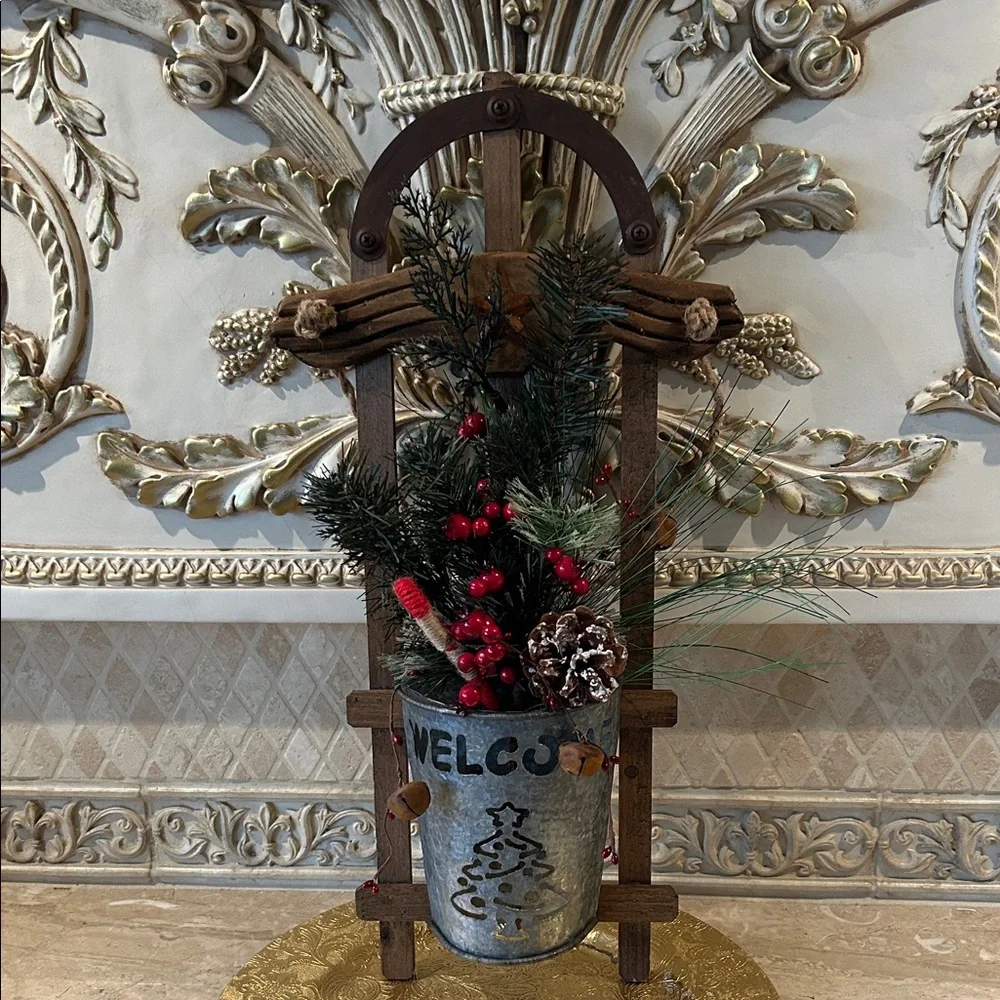 Rustic Holiday Welcome Sled Planter Holiday 20” Door Decor